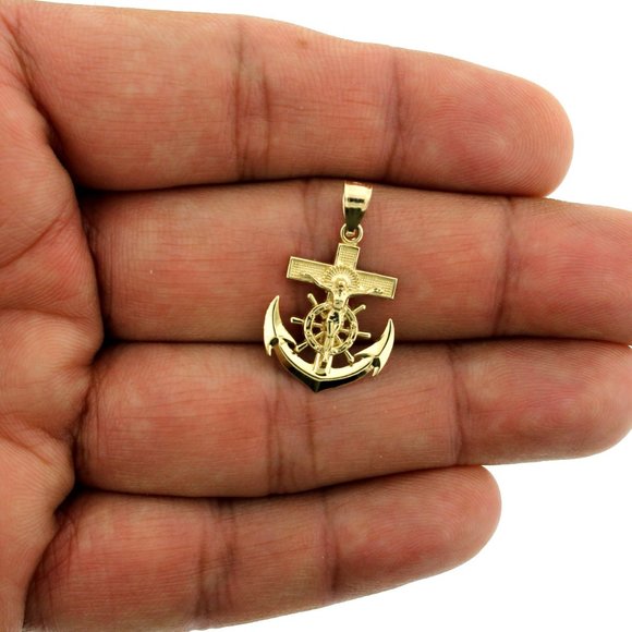 Real 10K Yellow Gold Anchor Cross Pendant